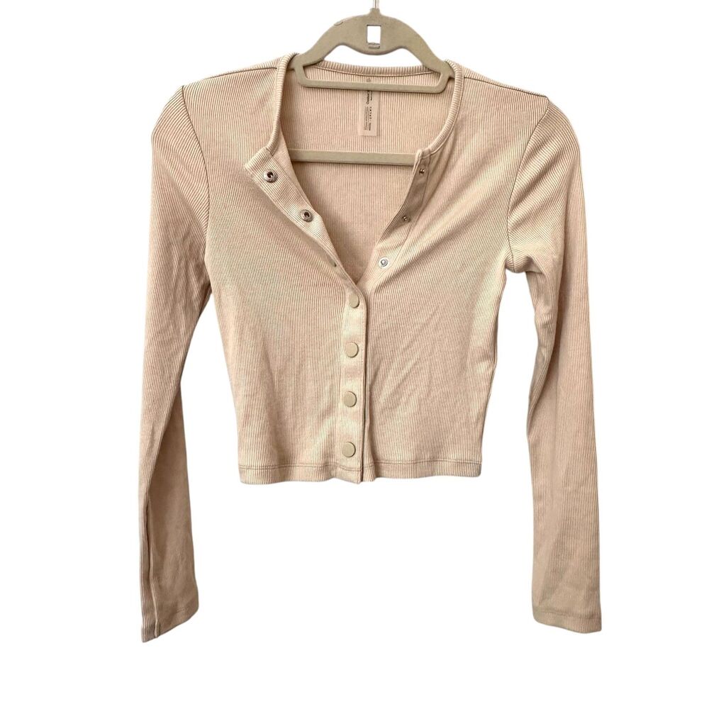 OUTDOOR VOICES Ribbed Button Front Crop Top Oatmeal Small - Picture 2 of 5